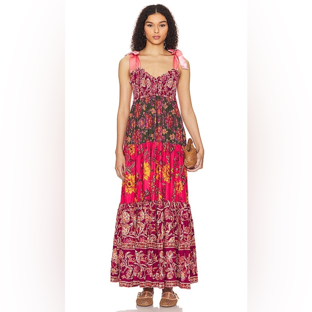 Free People Pink Floral Tiered Maxi Dress with Green and Yellow Accents